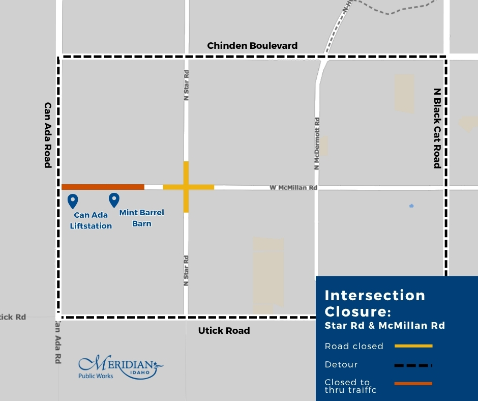 Map showing a road closure at the intersection of North Star Road and West McMillan Road. The intersection is closed in all directions. West McMillan Road is also closed to through traffic between Can Ada Road and North Star Road, with local access available to destinations such as the Can Ada Liftstation and Mint Barrel Barn. Drivers should use the signed detour, which follows Can Ada Road, Chinden Boulevard, North Black Cat Road, and Utick Road around the closure area.