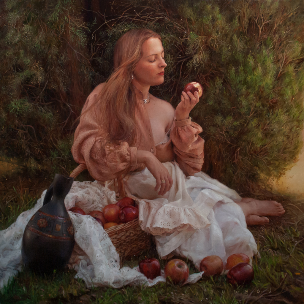 Painting titled Garden of Abandon featuring a woman looking at an apple she is holding while sitting in a forest surrounded by other apples next to a large tree